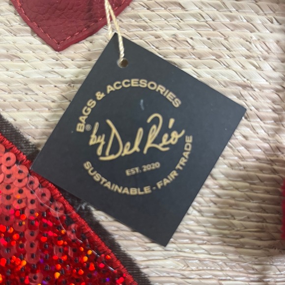 $208 By Del Rio Straw Tote Bag Women Red NEW Sequined Lips Tassel Pom Pom Large - Picture 4 of 16
